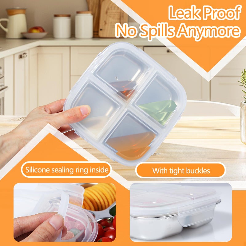 PTYTIFY 2 Pack Stainless Steel Snack Containers, 4 Compartment Lunch Containers with Lids, Leak-Resistant Bento Lunch Box for for Office, Outdoor - Image 5