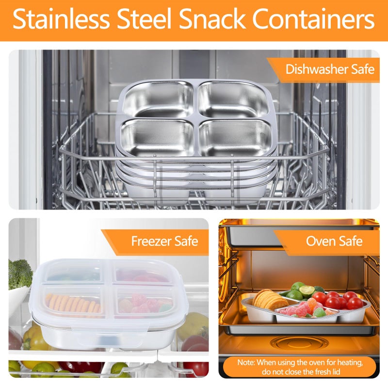 PTYTIFY 2 Pack Stainless Steel Snack Containers, 4 Compartment Lunch Containers with Lids, Leak-Resistant Bento Lunch Box for for Office, Outdoor - Image 4