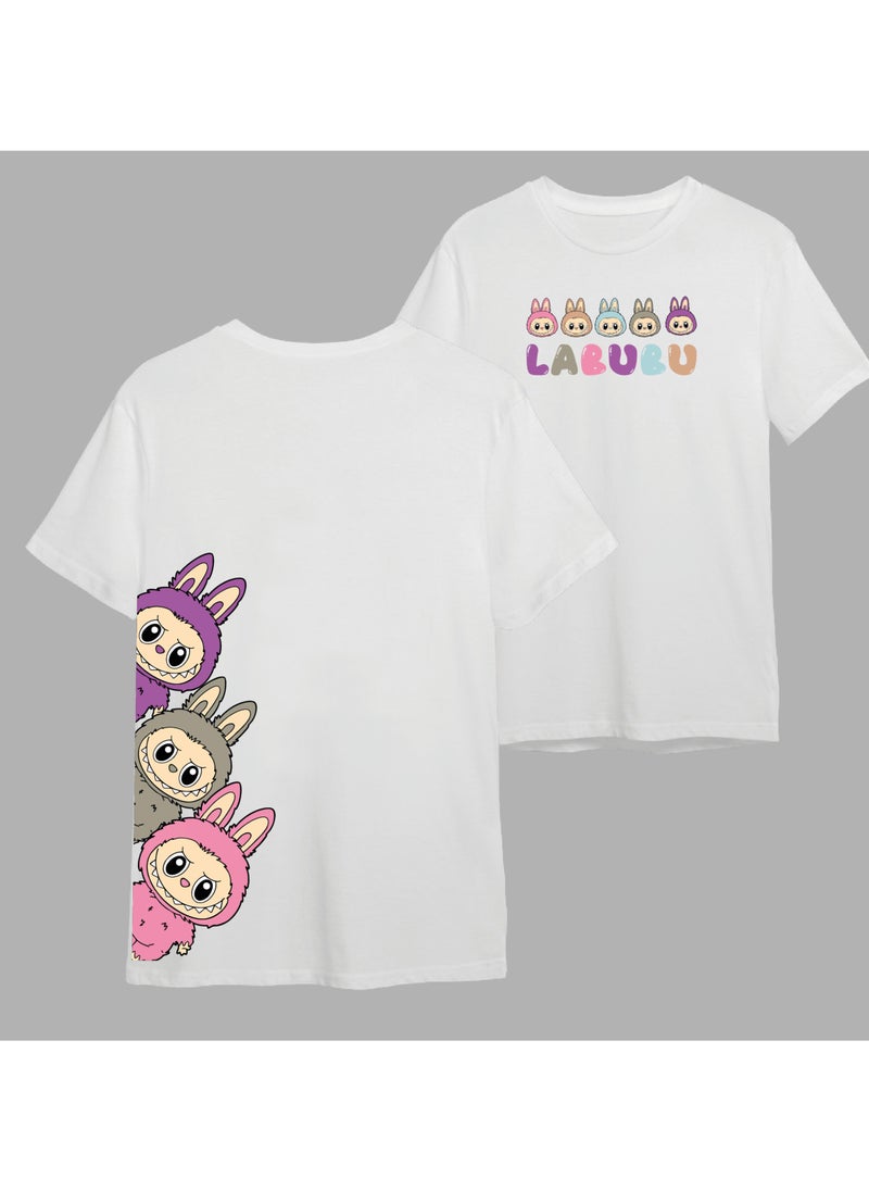 LABUBU LABUBU T-Shirt - Short Sleeve Unisex Couples Casual Wear, Cute and Trendy Pure Cotton Top White  - Image 2