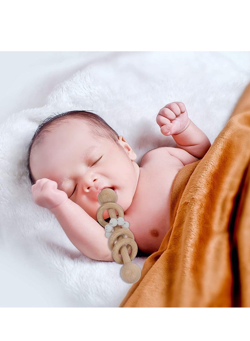 SOLARAE Baby Wooden Toy Classic Rattle Perfect Montessori Grasping Teething Circlets with Pacifier Holder Clip for Babies (White) - Image 2