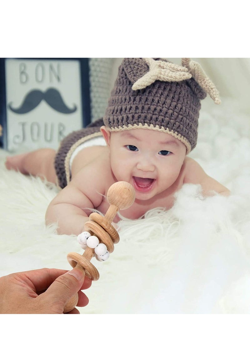 SOLARAE Baby Wooden Toy Classic Rattle Perfect Montessori Grasping Teething Circlets with Pacifier Holder Clip for Babies (White) - Image 4