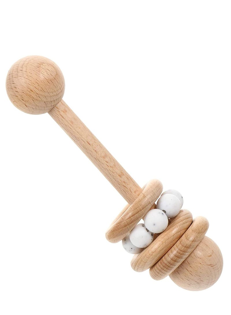 SOLARAE Baby Wooden Toy Classic Rattle Perfect Montessori Grasping Teething Circlets with Pacifier Holder Clip for Babies (White) - Image 1