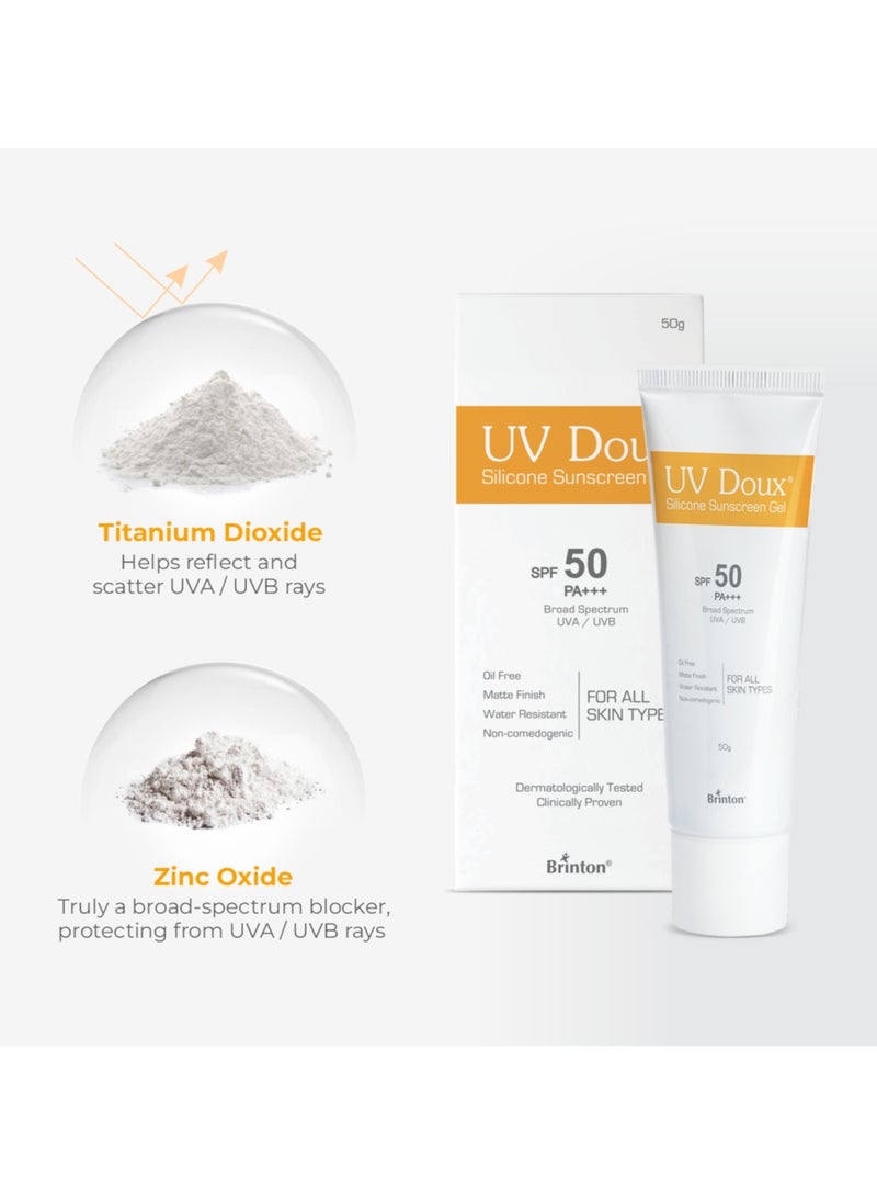 بريتون جل واقي من الشمس من السيليكون UV Doux | واقي شمس واسع الطيف بعامل حماية من الشمس 50 وPA+++ للوجه والجسم، بدون أي آثار بيضاء | لا يسبب الرؤوس السوداء، خالٍ من البارابين، ومقاوم للماء | مثبت سريريًا ومعتمد من أطباء الجلدية | مناسب لجميع أنواع البشرة - Image 5