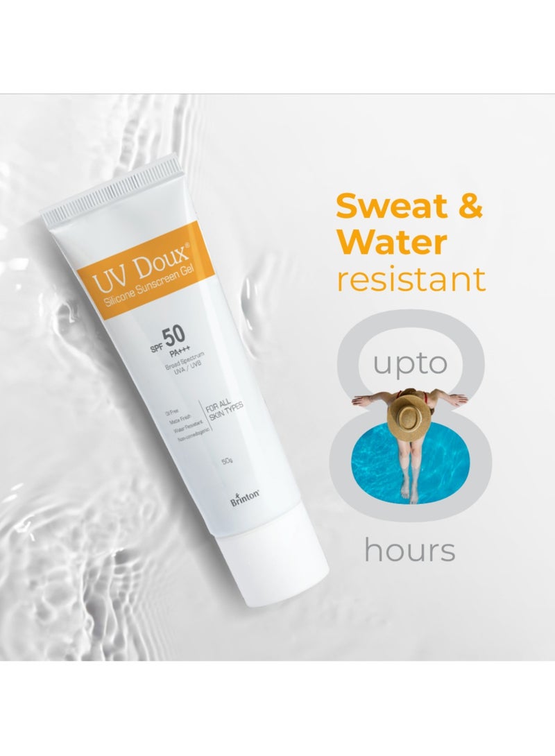 بريتون جل واقي من الشمس من السيليكون UV Doux | واقي شمس واسع الطيف بعامل حماية من الشمس 50 وPA+++ للوجه والجسم، بدون أي آثار بيضاء | لا يسبب الرؤوس السوداء، خالٍ من البارابين، ومقاوم للماء | مثبت سريريًا ومعتمد من أطباء الجلدية | مناسب لجميع أنواع البشرة - Image 4