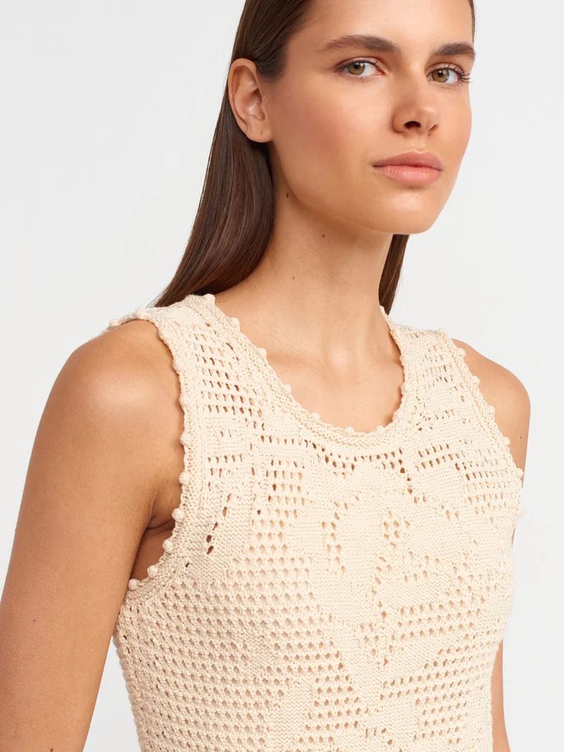 Dilvin 90181 Crew Neck Openwork Floral Patterned Lined Knitwear Dress-Natural