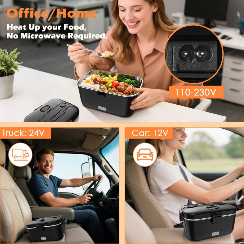 COZYEXPERT Electric-Lunch-Box-Heated-Food-Warmer 100W Heating Lunchbox for Adults 1.8L Portable Food Heater for Work/Car, 12V/24V/110-230V Lonchera ElÃ©ctrica PortÃ¡til with Fork Spoon (Black) - Image 3