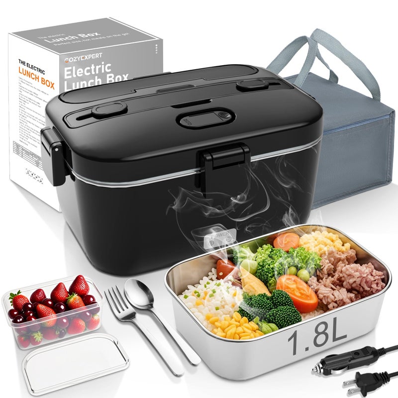 COZYEXPERT Electric-Lunch-Box-Heated-Food-Warmer 100W Heating Lunchbox for Adults 1.8L Portable Food Heater for Work/Car, 12V/24V/110-230V Lonchera ElÃ©ctrica PortÃ¡til with Fork Spoon (Black) - Image 1