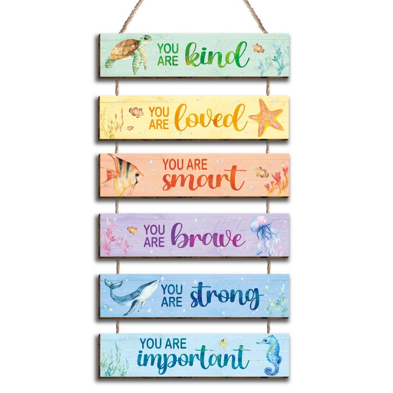 Kadiak 6 Pcs Ocean Decor Kids Room Placards of Wood Decor, Watercolor Ocean Inspirational Positive Quotes Wall Art Hanging Sign for Kids Teens Children Bedroom Princess Toddler Room Nursery Dorm - Image 1