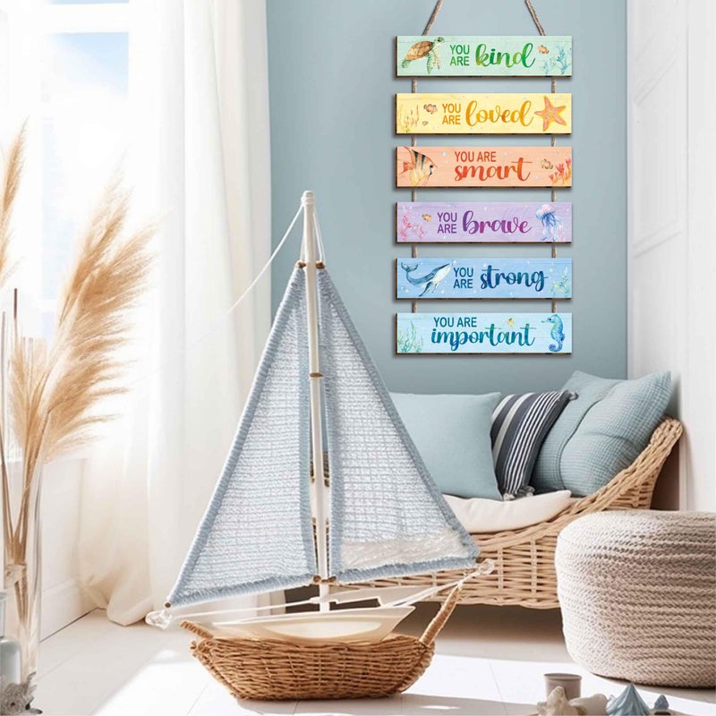 Kadiak 6 Pcs Ocean Decor Kids Room Placards of Wood Decor, Watercolor Ocean Inspirational Positive Quotes Wall Art Hanging Sign for Kids Teens Children Bedroom Princess Toddler Room Nursery Dorm - Image 5