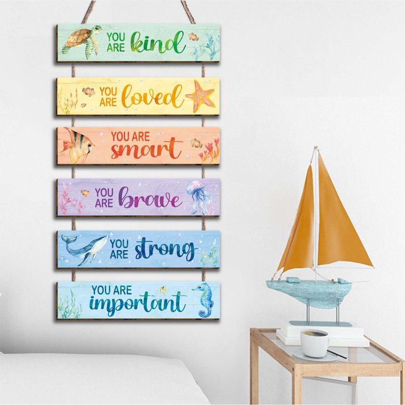 Kadiak 6 Pcs Ocean Decor Kids Room Placards of Wood Decor, Watercolor Ocean Inspirational Positive Quotes Wall Art Hanging Sign for Kids Teens Children Bedroom Princess Toddler Room Nursery Dorm - Image 3
