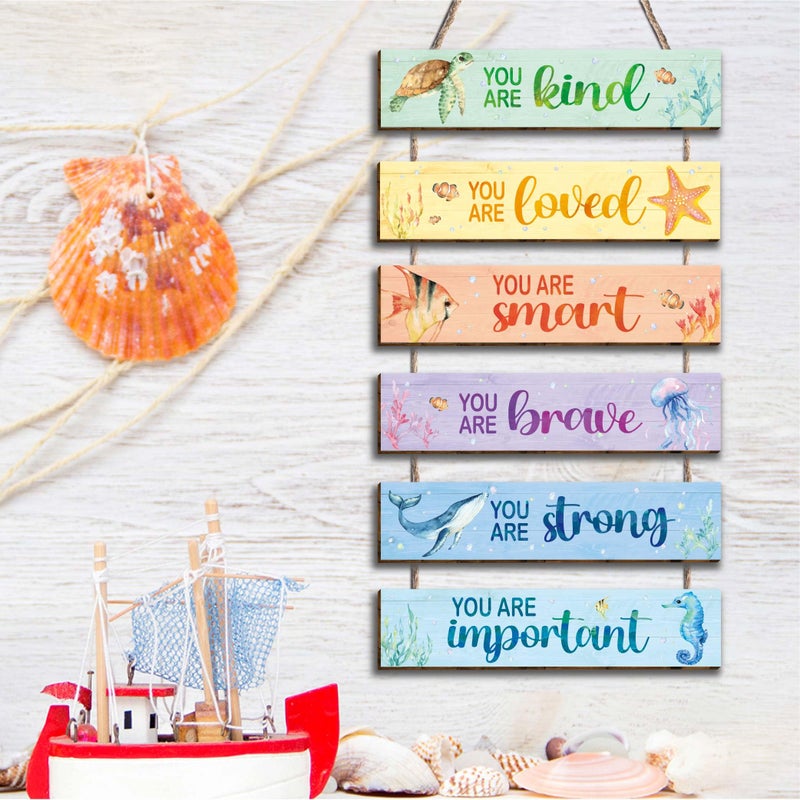 Kadiak 6 Pcs Ocean Decor Kids Room Placards of Wood Decor, Watercolor Ocean Inspirational Positive Quotes Wall Art Hanging Sign for Kids Teens Children Bedroom Princess Toddler Room Nursery Dorm - Image 4