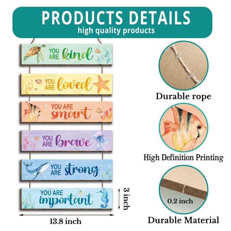 Kadiak 6 Pcs Ocean Decor Kids Room Placards of Wood Decor, Watercolor Ocean Inspirational Positive Quotes Wall Art Hanging Sign for Kids Teens Children Bedroom Princess Toddler Room Nursery Dorm - Image 2
