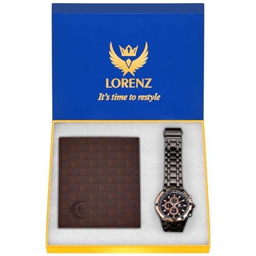 LORENZ Stainless Steel Combo Of Black Dial Analog Watch & Brown Wallet For Men- Cm-3058Wl-32 - Image 1