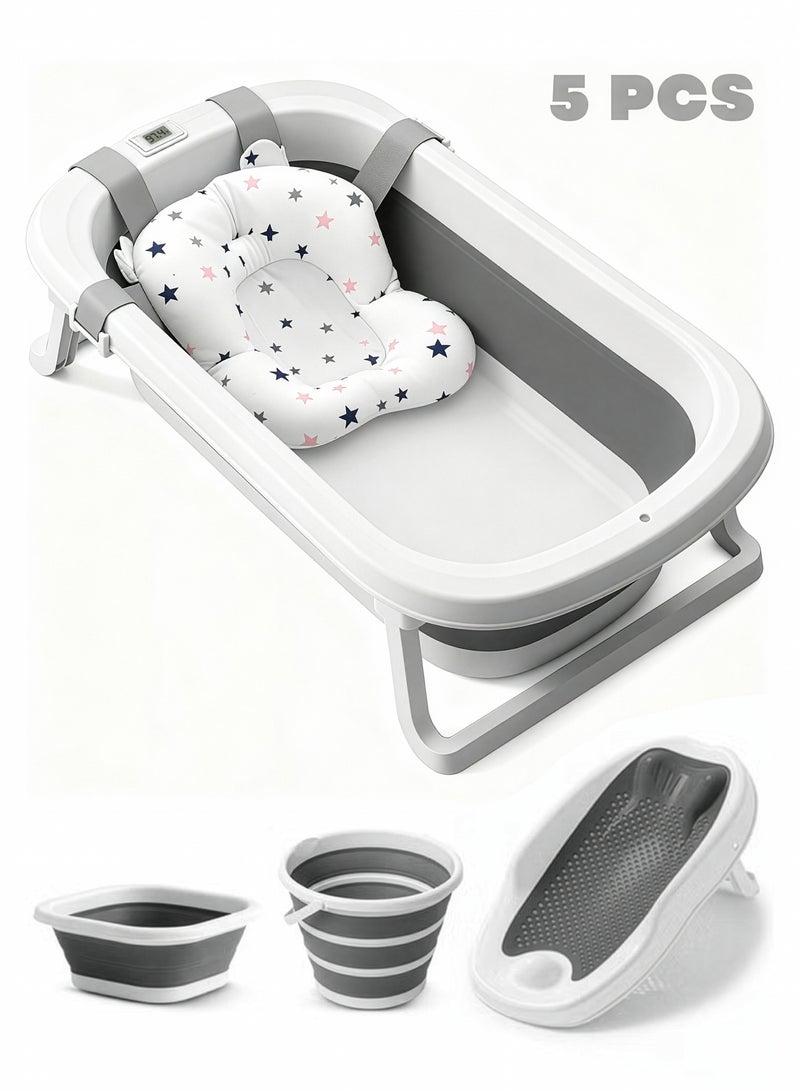 بيبي مجموعة حوض استحمام للأطفال قابلة للطي، مكونة من 5 قطع، مع مقعد مبطن، ومقعد استحمام، وحوض استحمام ودلو، وحوض استحمام للأطفال بقاعدة مضادة للانزلاق، وسدادة مياه تستشعر درجة الحرارة، وحوض استحمام قابل للتثبيت على الحائط، مناسب للأطفال من عمر 0 ​​إلى 3 سنوات، للأولاد والبنات، باللون الرمادي - Image 1