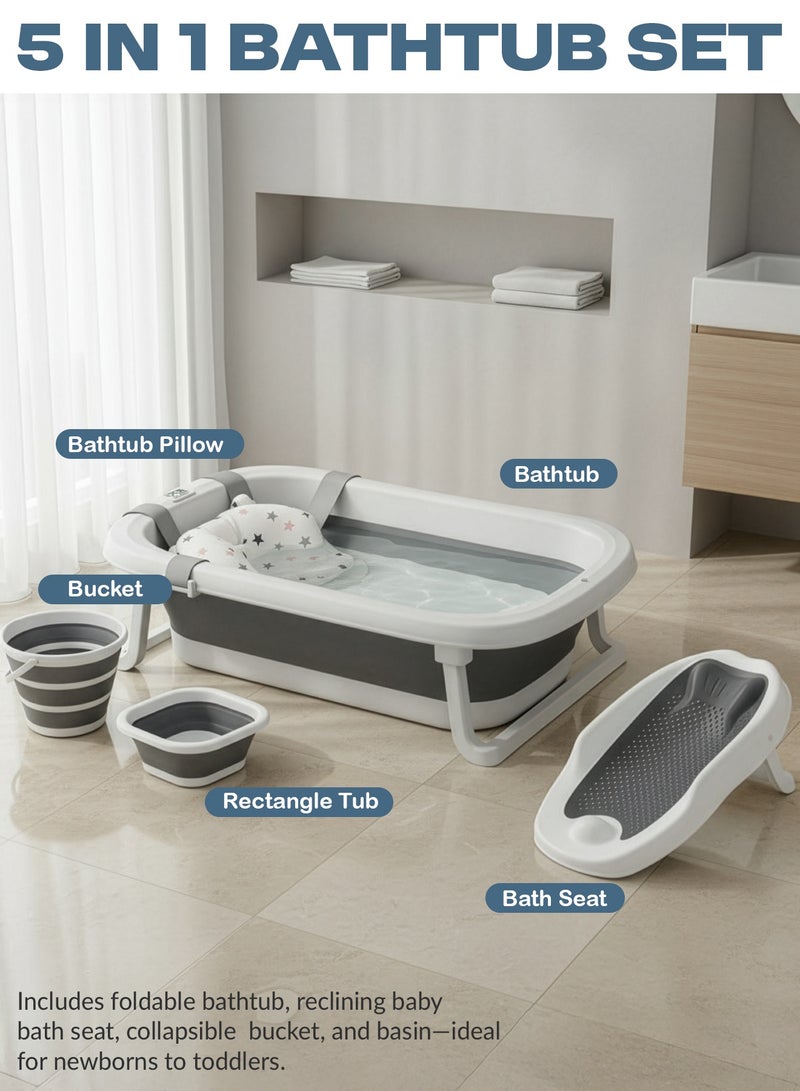 بيبي مجموعة حوض استحمام للأطفال قابلة للطي، مكونة من 5 قطع، مع مقعد مبطن، ومقعد استحمام، وحوض استحمام ودلو، وحوض استحمام للأطفال بقاعدة مضادة للانزلاق، وسدادة مياه تستشعر درجة الحرارة، وحوض استحمام قابل للتثبيت على الحائط، مناسب للأطفال من عمر 0 ​​إلى 3 سنوات، للأولاد والبنات، باللون الرمادي - Image 3