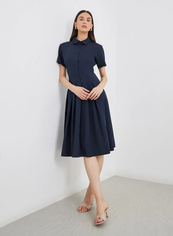 Take Two Take Two Collared Short Sleeve Pleated Knee Length Dress