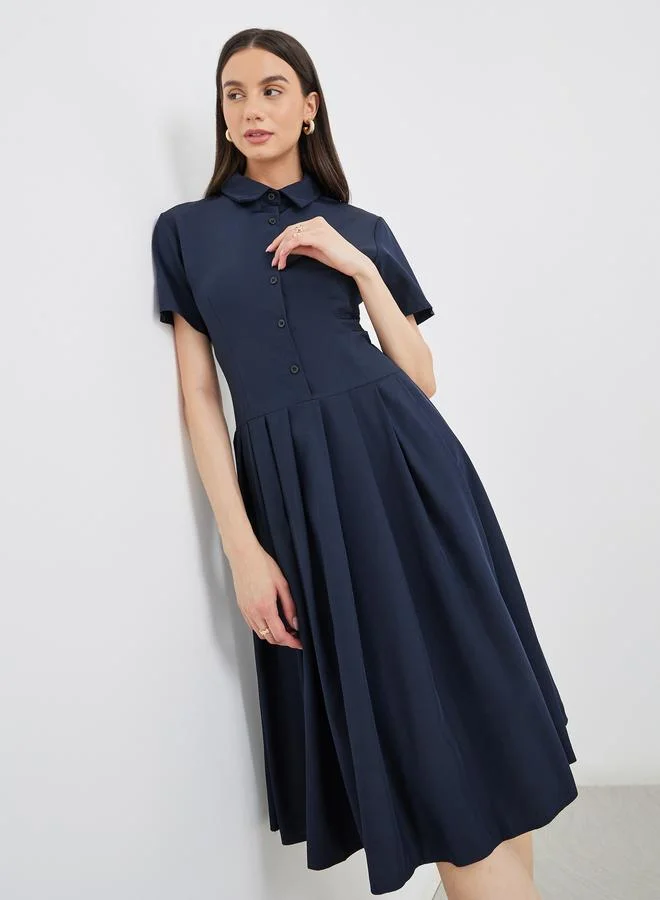Take Two Take Two Collared Short Sleeve Pleated Knee Length Dress