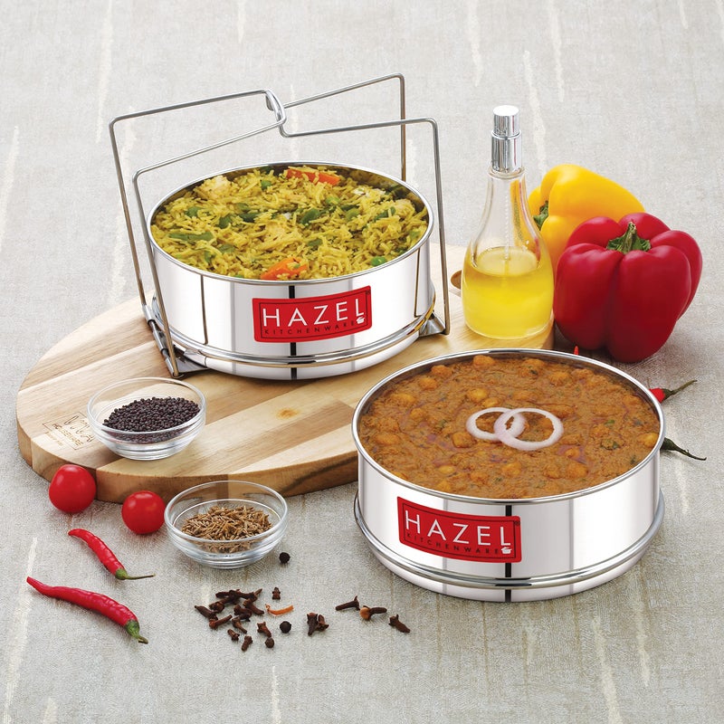 Hazel فاصل طهي هازيل مع رافع | حاوية دال تشوال للطهي | دبا مسطحة من الفولاذ المقاوم للصدأ بسعة 3 لترات | مجموعة من 2 حاويات، القطر: 13 × الارتفاع: 4.1 سم - Image 2