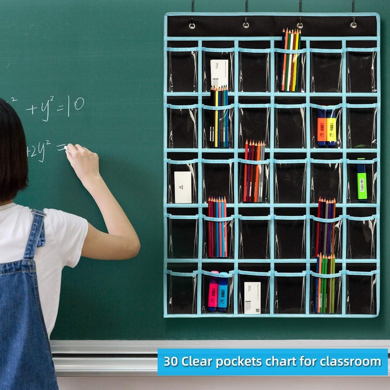 Keepjoy Classroom Pocket Chart Organizer,Cell Phones Calculator Holder for Classroom with 30 Clear Pockets and Number Sticker Size 33.5x 24.5 Inch (2pack-black) - Image 5