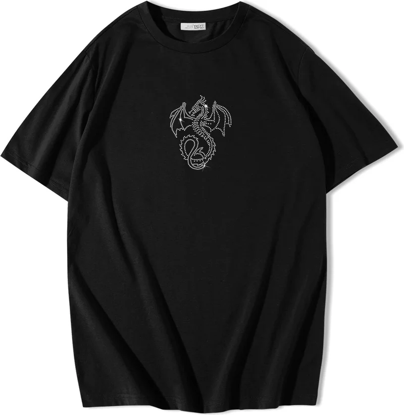 BRZ Collection Oversize White Dragon Crystal Stone Printed T-Shirt