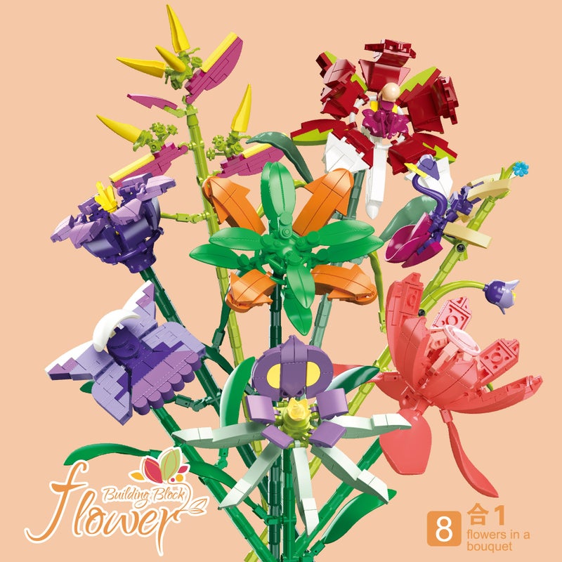 Educational Interlocking Building Block Flower Model Set - Simulated Roses, Peonies, Ferns, Rose  Bushes