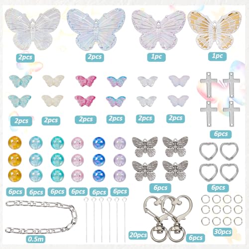 SUNNYCLUE 128Pcs Butterfly Keychain Making Kit Butterflies Beads Colorful Butterfly Bead Heart Butterfly Charms Acrylic Glass Spacer Beads for Keychains Making Women Adults DIY Crafts Supplies - Image 2