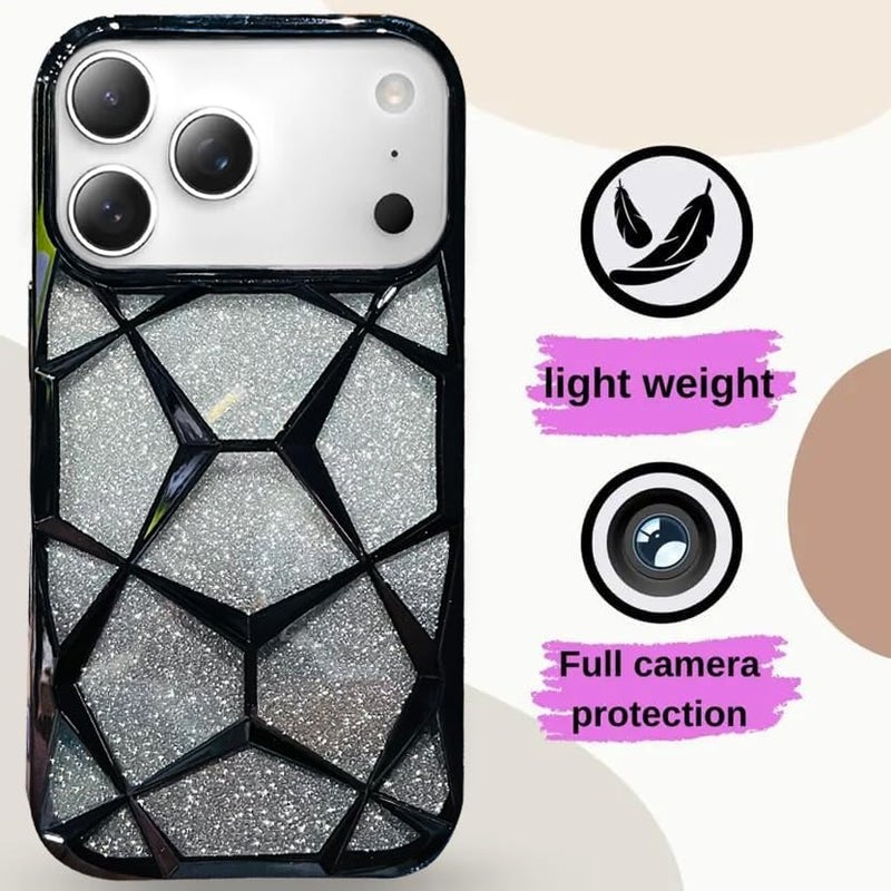 VONZEE Gradient Glitter Back Cover Case Compatible with iPhone 17 Pro Max, Luxury Electroplated 3D Cube, Diamond Bling Shiny Soft TPU Clear Shockproof Women Girls Protective Phone Cover (Black) - Image 4