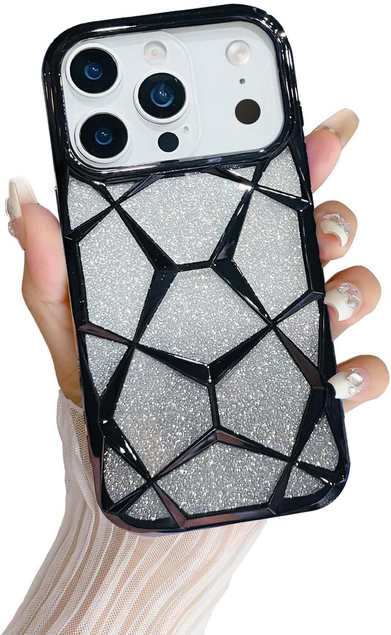 VONZEE Gradient Glitter Back Cover Case Compatible with iPhone 17 Pro Max, Luxury Electroplated 3D Cube, Diamond Bling Shiny Soft TPU Clear Shockproof Women Girls Protective Phone Cover (Black) - Image 1