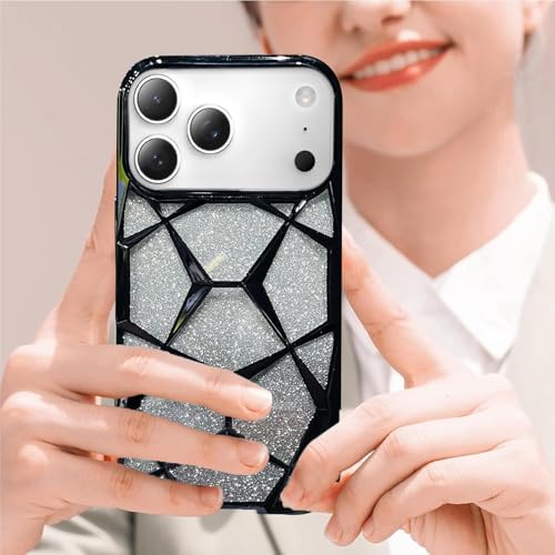 VONZEE Gradient Glitter Back Cover Case Compatible with iPhone 17 Pro Max, Luxury Electroplated 3D Cube, Diamond Bling Shiny Soft TPU Clear Shockproof Women Girls Protective Phone Cover (Black) - Image 5