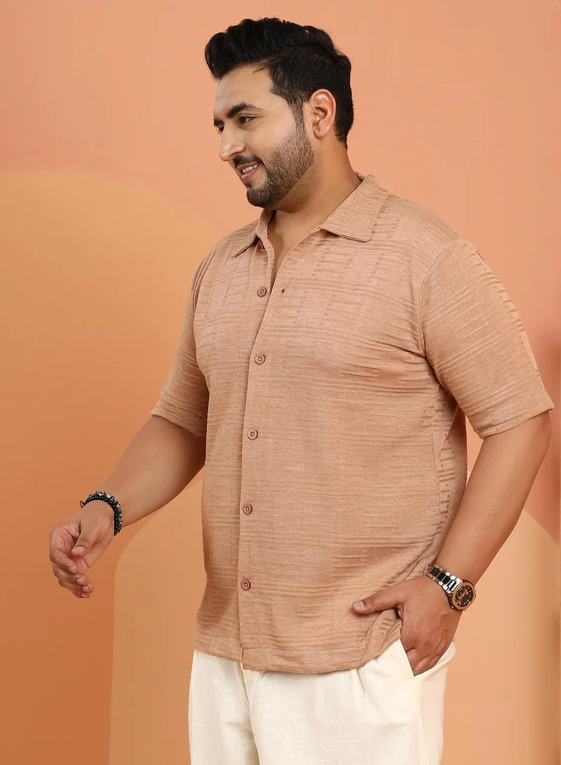 Instafab Plus Instafab Plus Men's Camel Brown Dash-Ribbed Knit Polo Shirt For Casual Wear | Polo Neck | Short Regular Sleeves | Button Closure | Plus Size Shirt Crafted With Comfort Fit For Everyday Wear