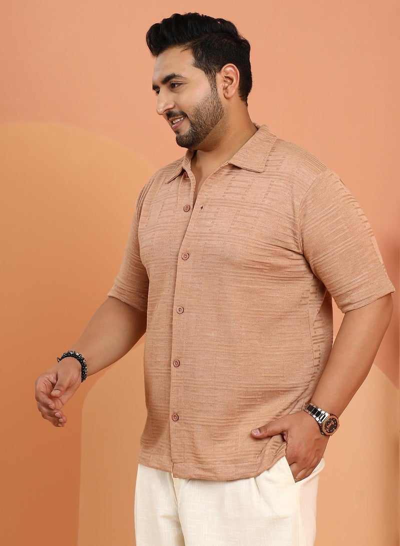 Instafab Plus Instafab Plus Men's Camel Brown Dash-Ribbed Knit Polo Shirt For Casual Wear | Polo Neck | Short Regular Sleeves | Button Closure | Plus Size Shirt Crafted With Comfort Fit For Everyday Wear  - Image 3