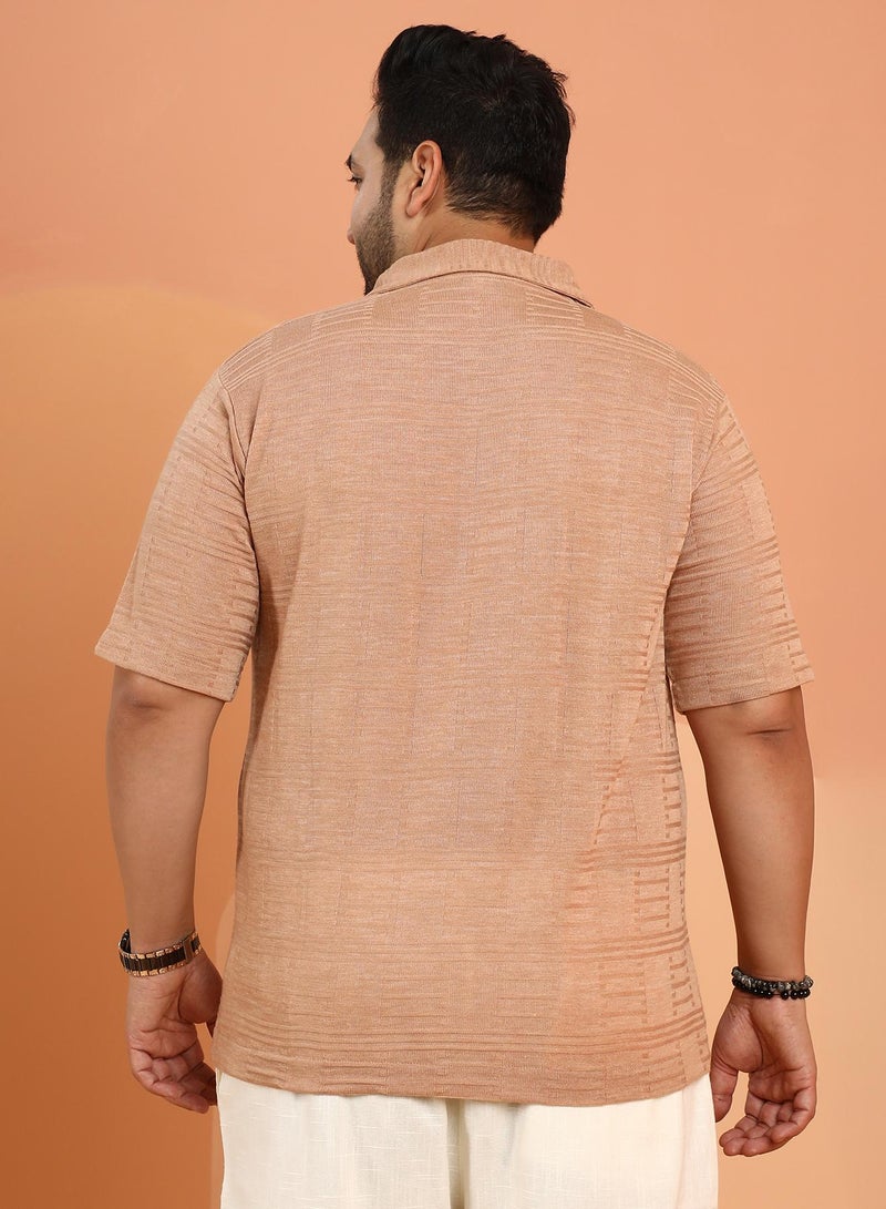 Instafab Plus Instafab Plus Men's Camel Brown Dash-Ribbed Knit Polo Shirt For Casual Wear | Polo Neck | Short Regular Sleeves | Button Closure | Plus Size Shirt Crafted With Comfort Fit For Everyday Wear  - Image 5