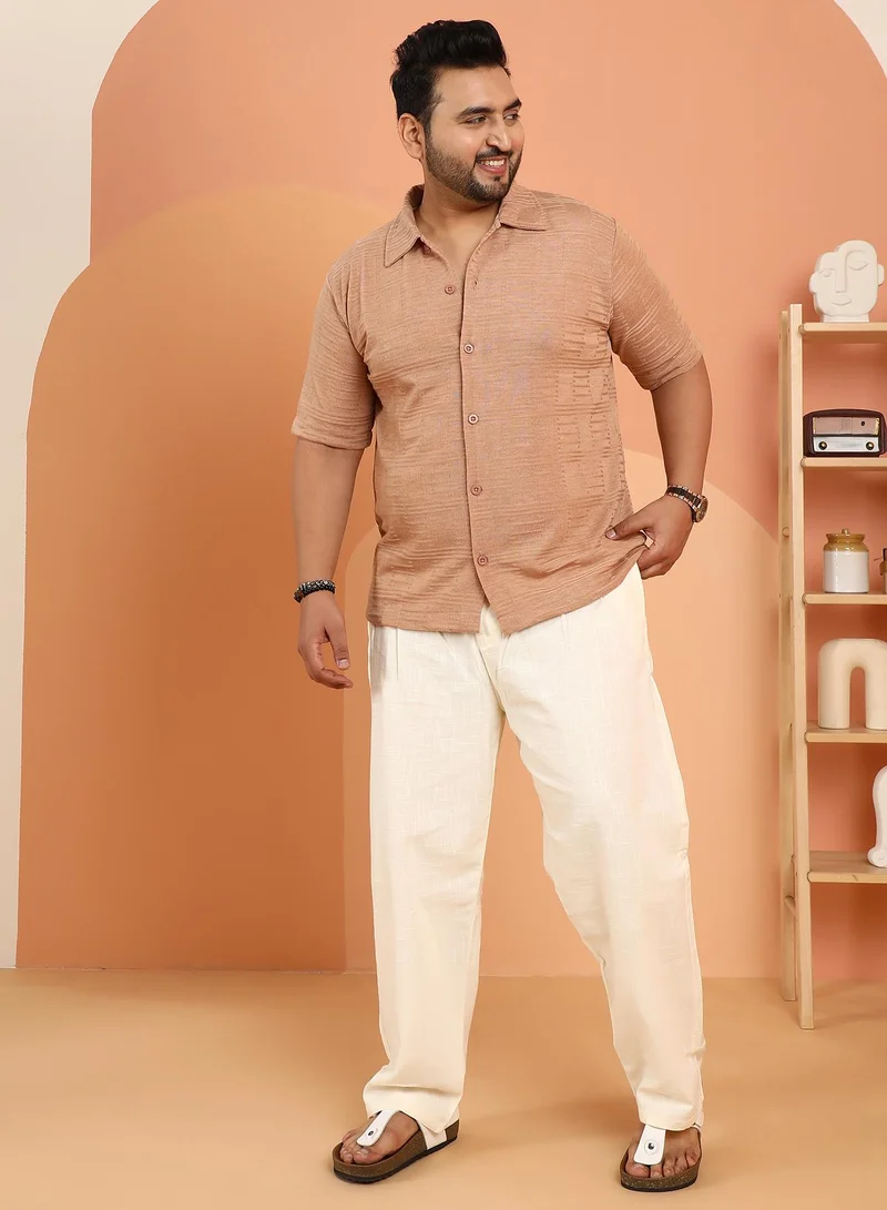 Instafab Plus Instafab Plus Men's Camel Brown Dash-Ribbed Knit Polo Shirt For Casual Wear | Polo Neck | Short Regular Sleeves | Button Closure | Plus Size Shirt Crafted With Comfort Fit For Everyday Wear