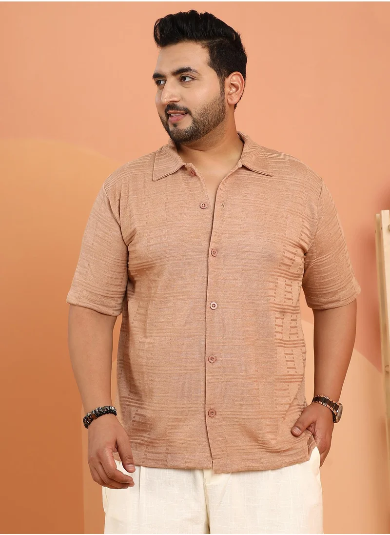 انستافاب بلس Instafab Plus Men's Camel Brown Dash-Ribbed Knit Polo Shirt For Casual Wear | Polo Neck | Short Regular Sleeves | Button Closure | Plus Size Shirt Crafted With Comfort Fit For Everyday Wear