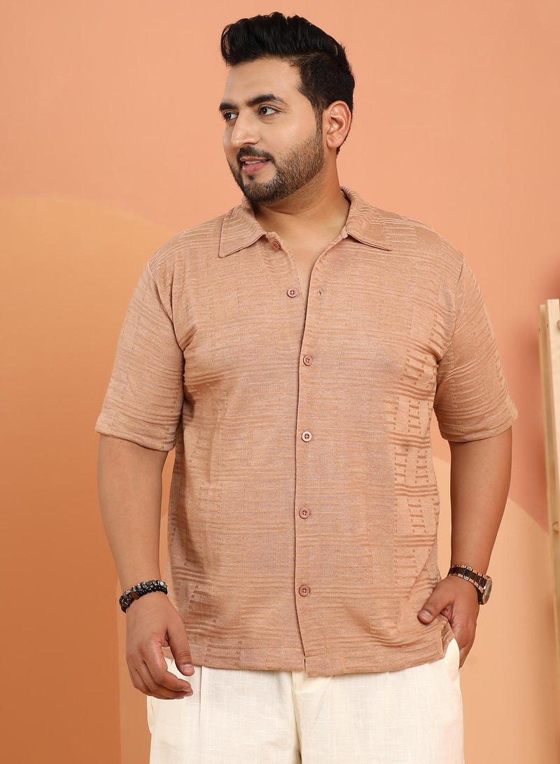 Instafab Plus Instafab Plus Men's Camel Brown Dash-Ribbed Knit Polo Shirt For Casual Wear | Polo Neck | Short Regular Sleeves | Button Closure | Plus Size Shirt Crafted With Comfort Fit For Everyday Wear  - Image 2