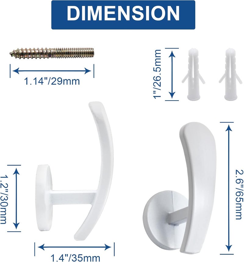 Rierdge 4 Pack White Curtain Tieback Hooks, Curtain Holdback Hooks for Wall Mounted, Decorative Hooks Drapery Tiebacks with Screws (4 Pack White) - Image 2