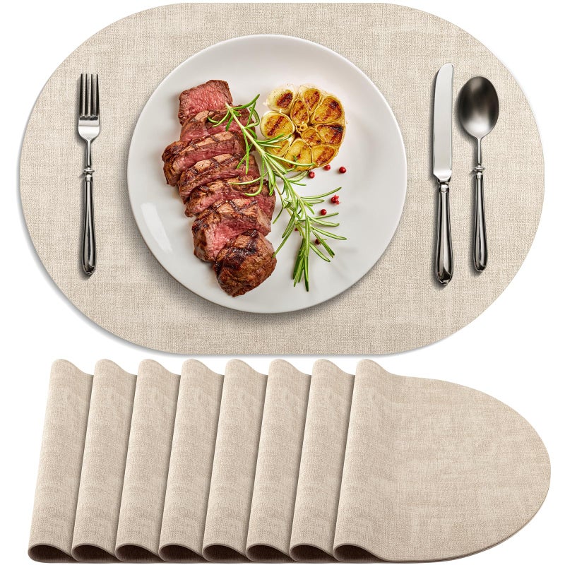 BARTHKIT Placemats for Dining Table Set of 8 Non-Slip, Heat Resistant Oval Leather Placemat Double Layer, Waterproof Table Mats Easy to Clean for Kitchen Dining Room Coffee Office Table, Beige - Image 1