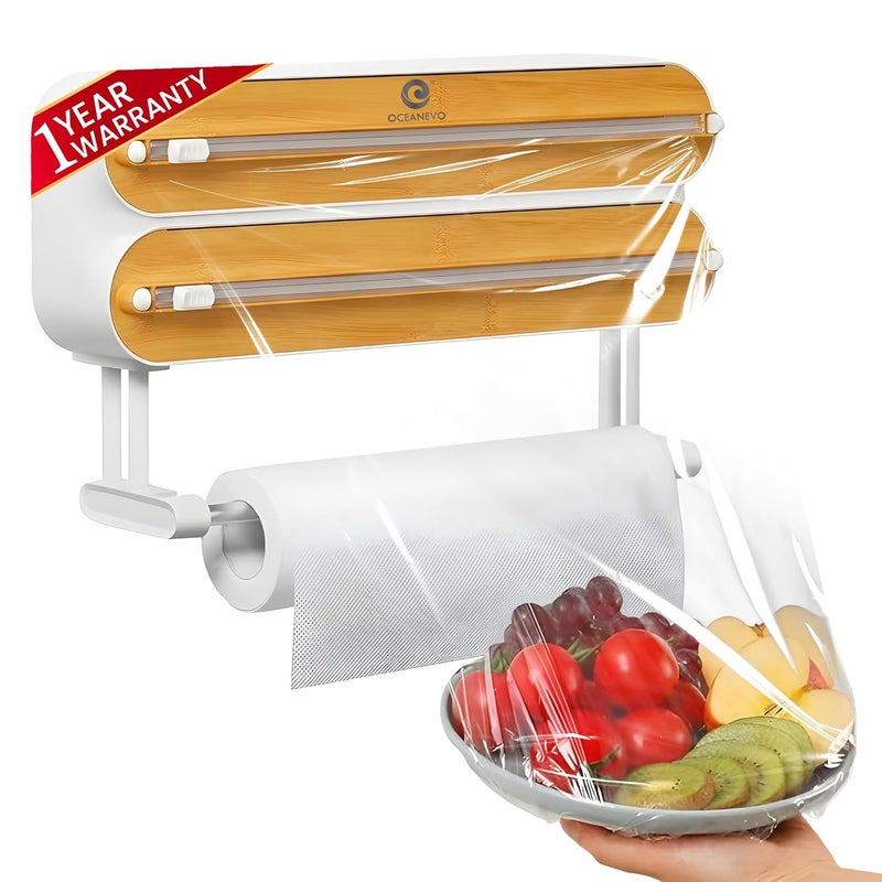 Oceanevo 3 in 1 Magnetic Foil Paper Cutter and Holder Cling Food Wrap Dispenser with Cutter Kitchen Tissue Roll Holder Wooden 1 Year Warranty - Image 1