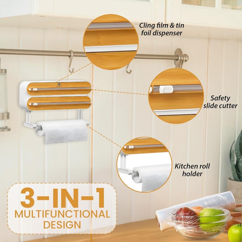 Oceanevo 3 in 1 Magnetic Foil Paper Cutter and Holder Cling Food Wrap Dispenser with Cutter Kitchen Tissue Roll Holder Wooden 1 Year Warranty - Image 3