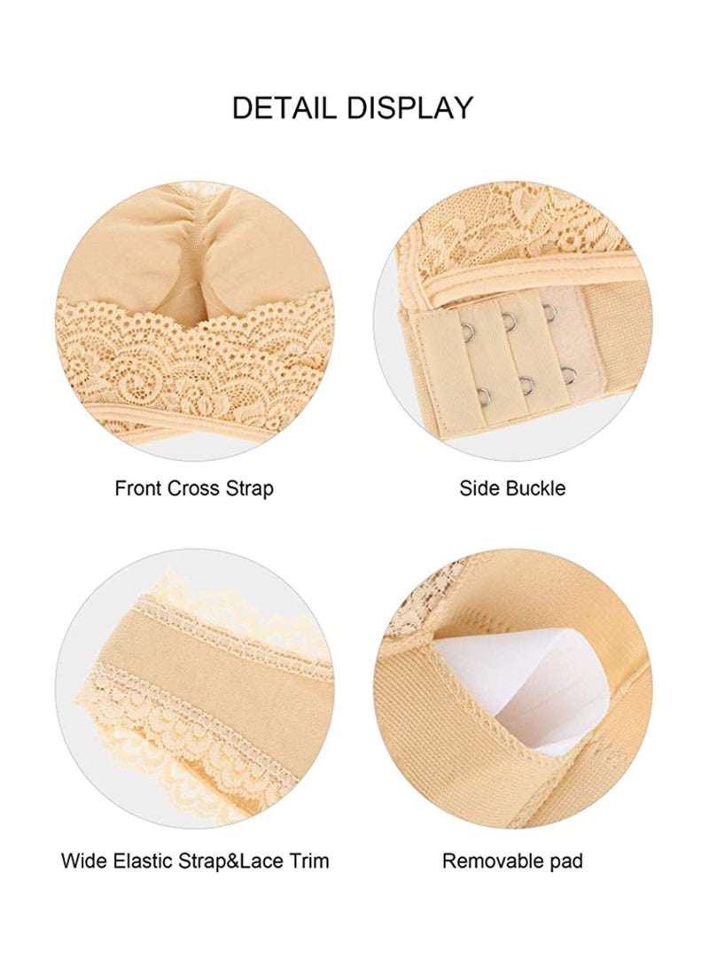 KASTWAVE 2 Pieces Lace Vest Bra Seamless Front Cross Bras Adjustable Side Buckle Bra for Women Gym Wearing, Beige, Black (XL) - Image 4