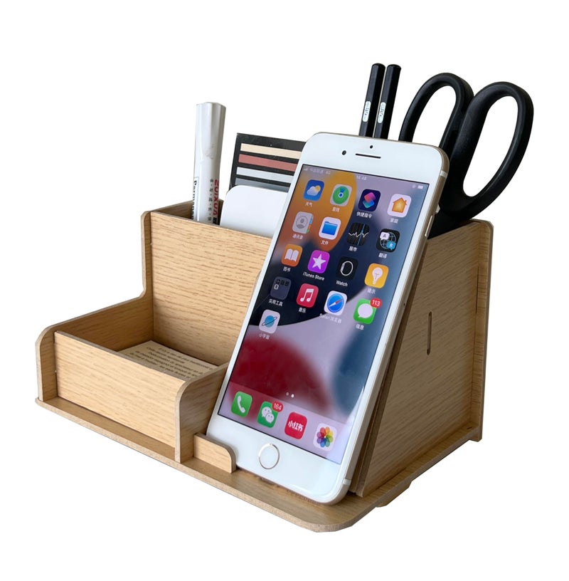 TARKAN DIY Wooden Desk Organizer, Pen Pencil Multipurpose Office Table Stationary Storage With Phone Stand, Made of MDF - Image 1