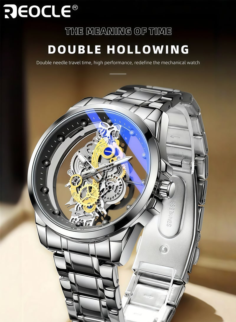ريوكل الرجال شفافة هيكل عظمي تصميم والعتاد مضيئة الكوارتز ووتش مكشوفة الحركة مريحة الفرقة المعدنية ساعة اليد الفاخرة هدية مثالية للرجال في ذكرى عيد الميلاد وعيد الأب - Image 2
