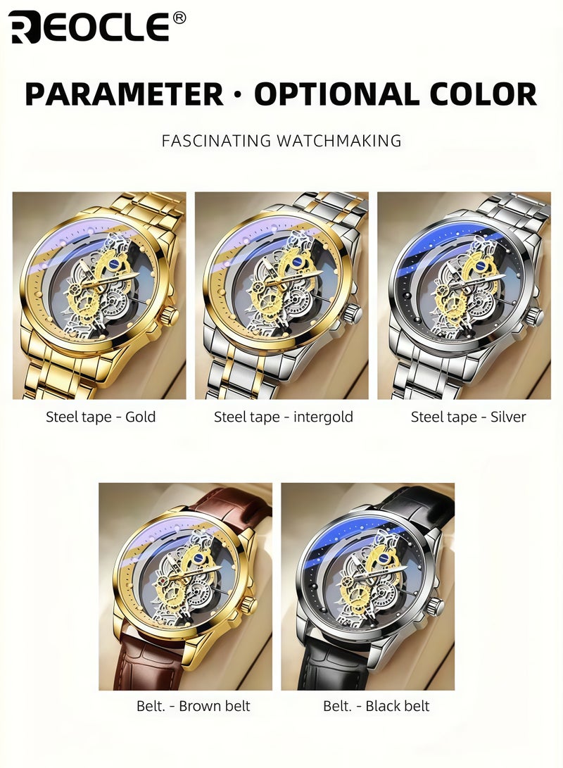 ريوكل الرجال شفافة هيكل عظمي تصميم والعتاد مضيئة الكوارتز ووتش مكشوفة الحركة مريحة الفرقة المعدنية ساعة اليد الفاخرة هدية مثالية للرجال في ذكرى عيد الميلاد وعيد الأب - Image 5
