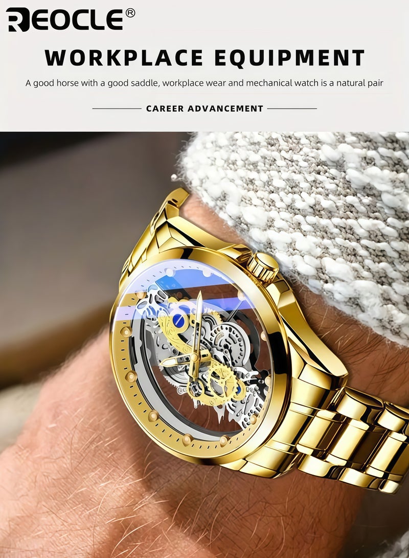 ريوكل الرجال شفافة هيكل عظمي تصميم والعتاد مضيئة الكوارتز ووتش مكشوفة الحركة مريحة الفرقة المعدنية ساعة اليد الفاخرة هدية مثالية للرجال في ذكرى عيد الميلاد وعيد الأب - Image 4