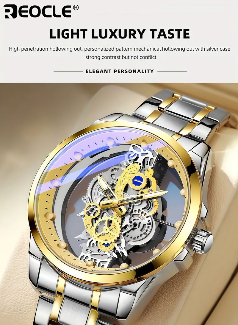 ريوكل الرجال شفافة هيكل عظمي تصميم والعتاد مضيئة الكوارتز ووتش مكشوفة الحركة مريحة الفرقة المعدنية ساعة اليد الفاخرة هدية مثالية للرجال في ذكرى عيد الميلاد وعيد الأب - Image 3