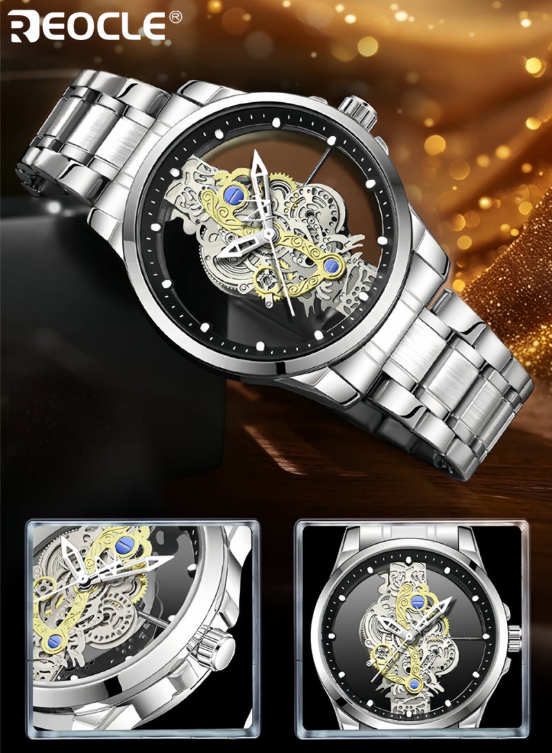 ريوكل الرجال شفافة هيكل عظمي تصميم والعتاد مضيئة الكوارتز ووتش مكشوفة الحركة مريحة الفرقة المعدنية ساعة اليد الفاخرة هدية مثالية للرجال في ذكرى عيد الميلاد وعيد الأب - Image 1