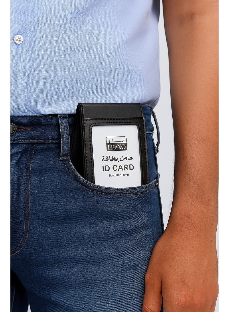 Leeno Black Genuine Leather Vertical ID Card Holder 68x100mm Premium Badge Holder for Office School Work Events - Image 5