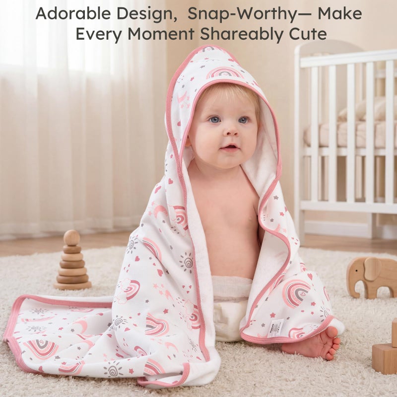 FIEMOL Hooded Baby Towels for Newborn,100% Cotton Baby Bath Towels with Hood for Infant Toddler Girl, 2 Pack 32x32 Inch Soft & Absorbent Knit Terry Bath Essentials Pink Rainbow - Image 4