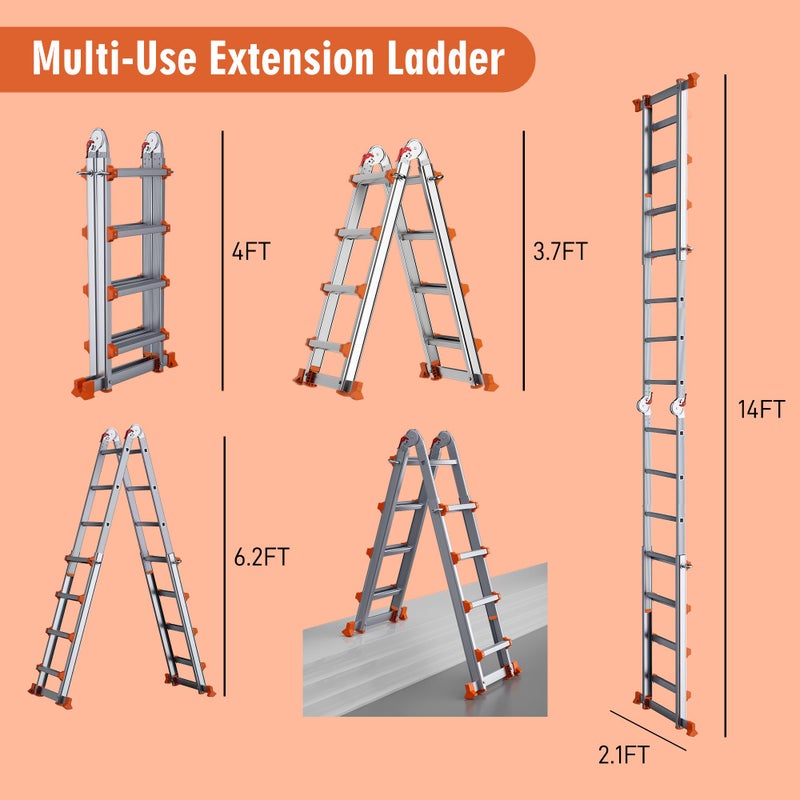 DIAMONDFORGE 14FT Telescoping A-Frame Ladder with Stabilizer Bar, 4-Step Aluminum Folding Extension Ladder, Compact & Space-Saving for Household or Outdoor Work, 330 lbs Load, Orange - Image 2