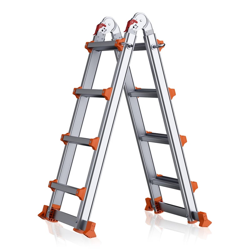 DIAMONDFORGE 14FT Telescoping A-Frame Ladder with Stabilizer Bar, 4-Step Aluminum Folding Extension Ladder, Compact & Space-Saving for Household or Outdoor Work, 330 lbs Load, Orange - Image 1